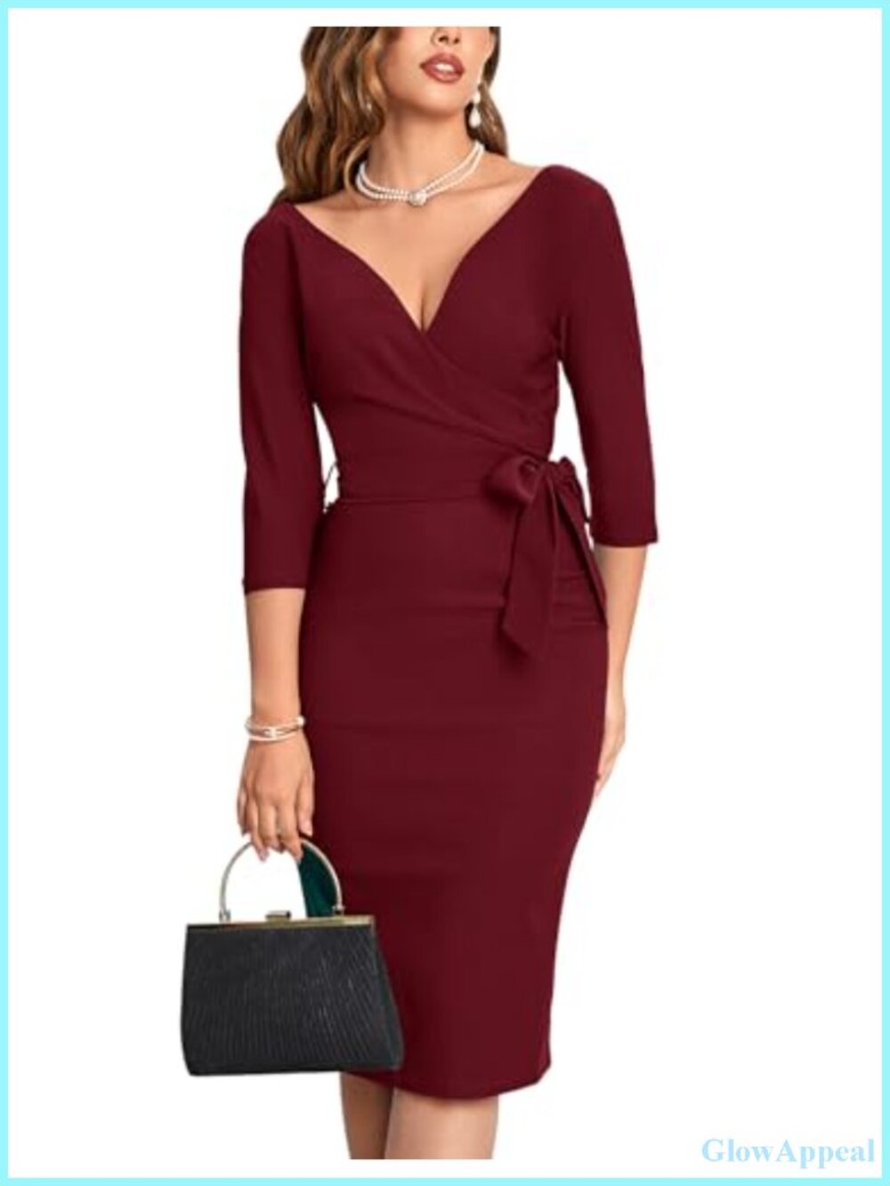 Vintage Faux Wrap V Neck 3/4 Sleeve Formal Work Party Dress with Belt